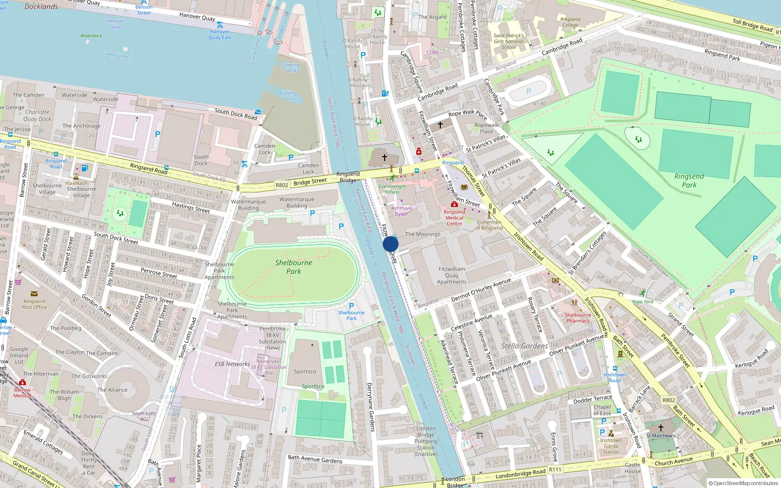 Overhead map showing the location of 8 the Moorings, Fitzwilliam Quay, Ringsend