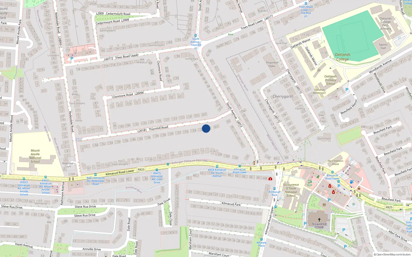 Overhead map showing the location of 8 Thornhill Road, Blackrock