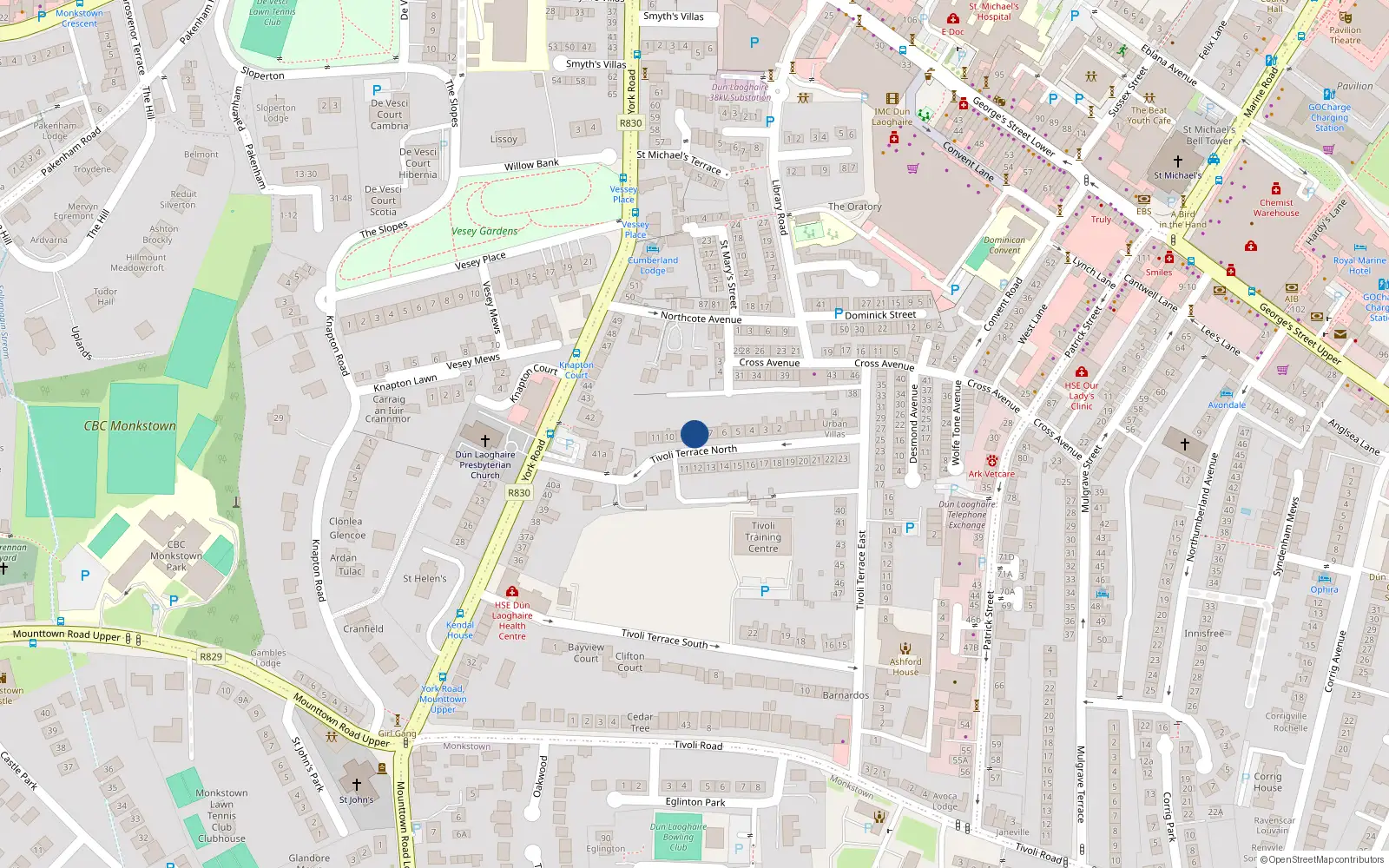 Overhead map showing the location of 8 Tivoli Terrace North, Dublin