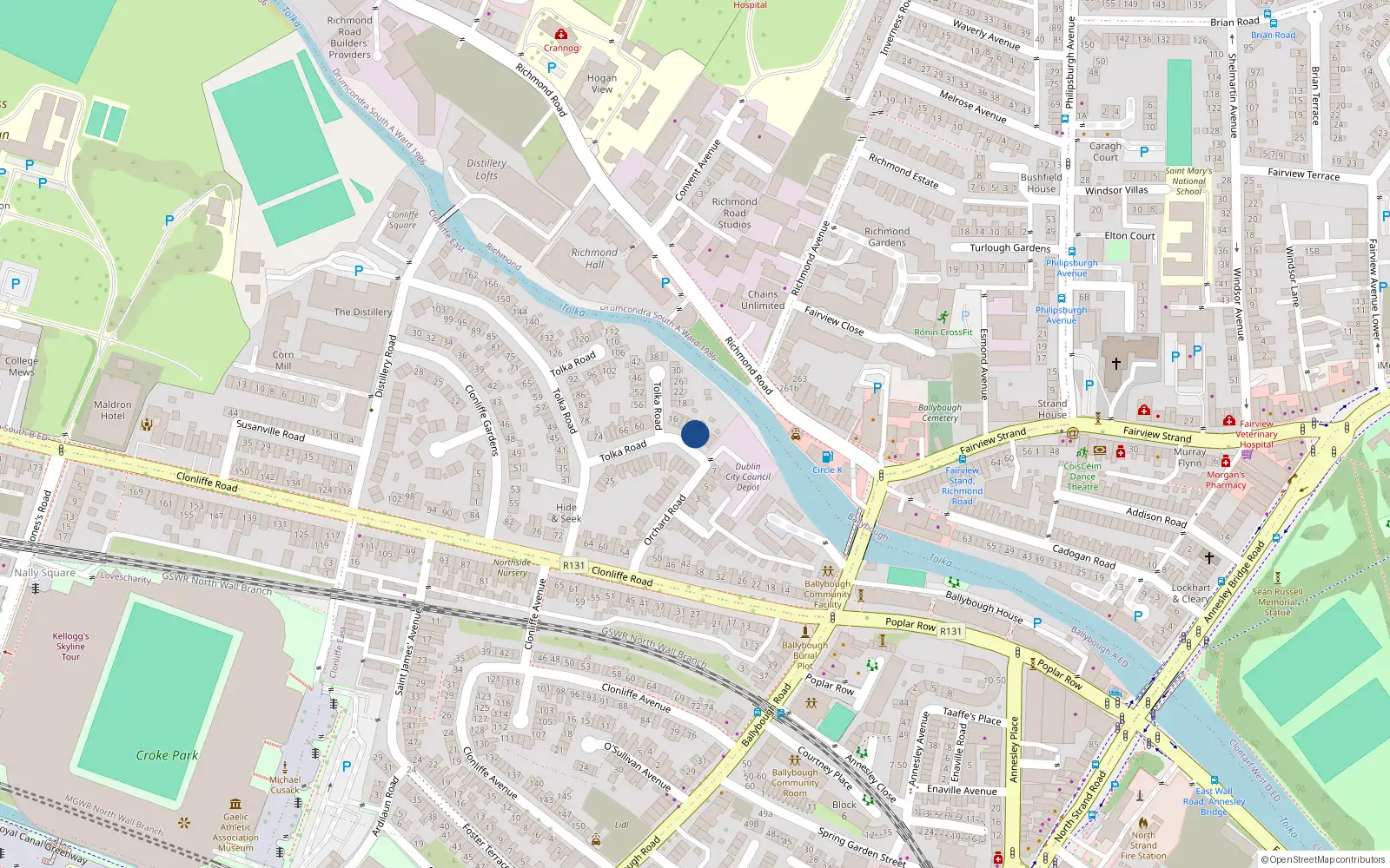 Overhead map showing the location of 8 Tolka Road, Dublin 3