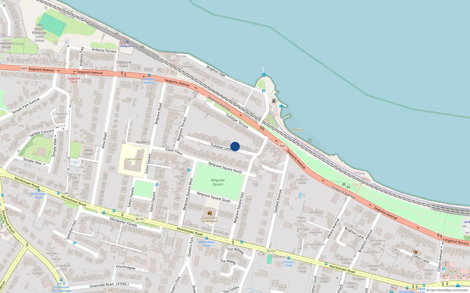 Overhead map showing the location of 8 Trafalgar Lane, Blackrock