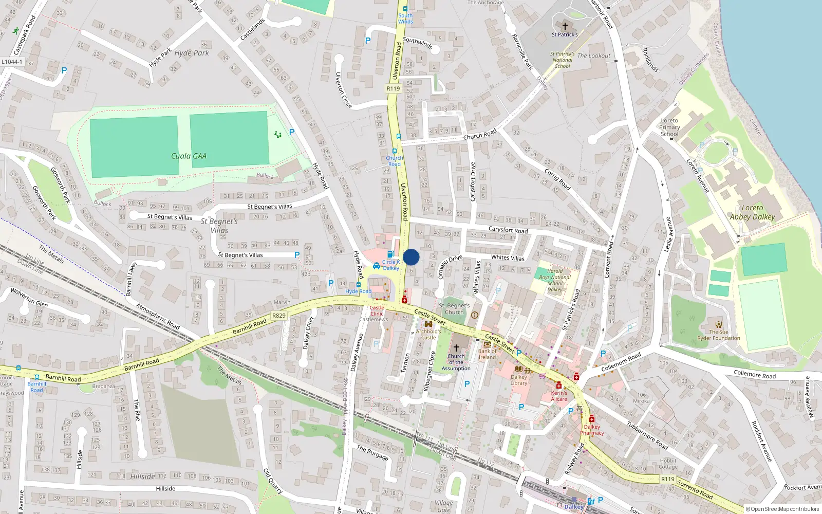 Overhead map showing the location of 8 Ulverton Road, Dalkey, Dublin