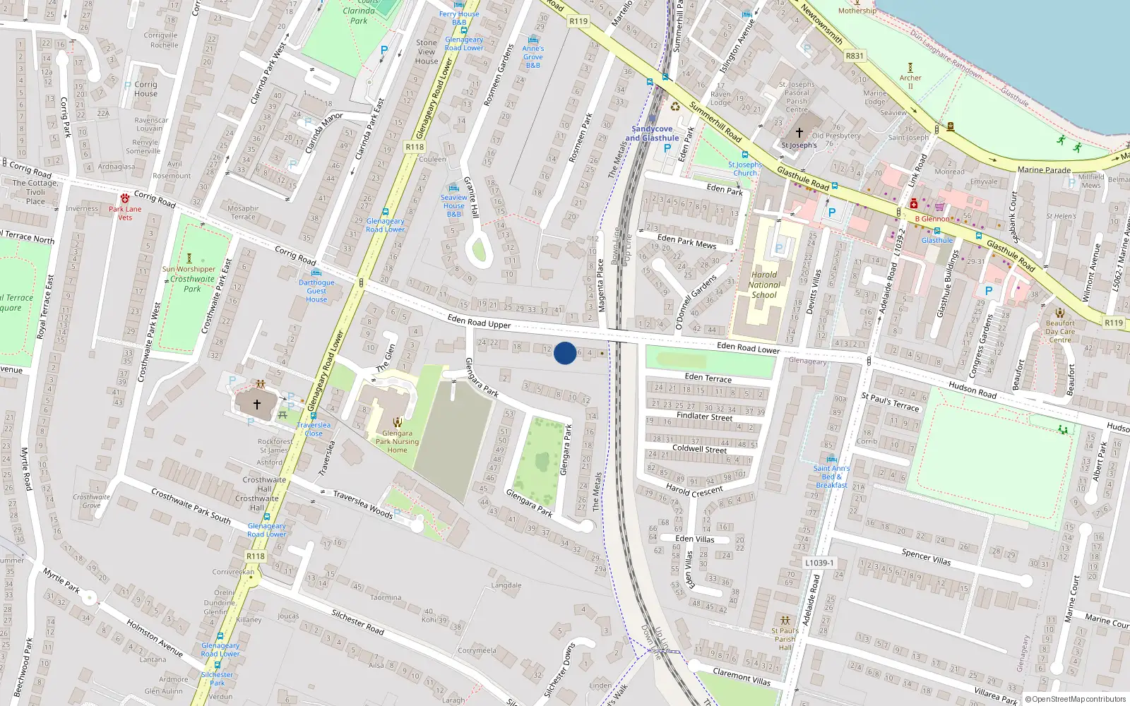 Overhead map showing the location of 8 Upper Eden Road, Glenageary, Co Dublin