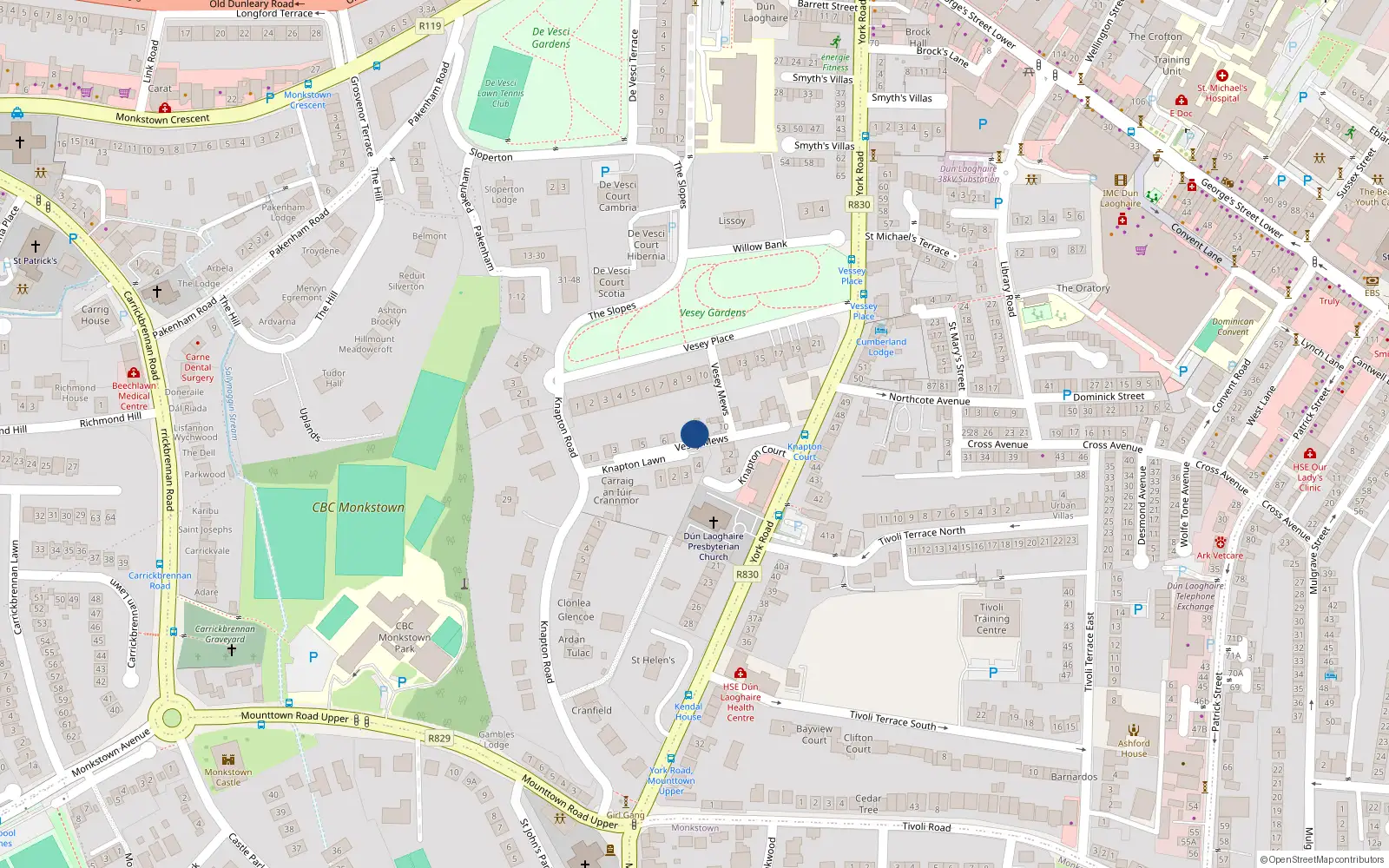 Overhead map showing the location of 8 Vesey Mews, Dun Laoghaire