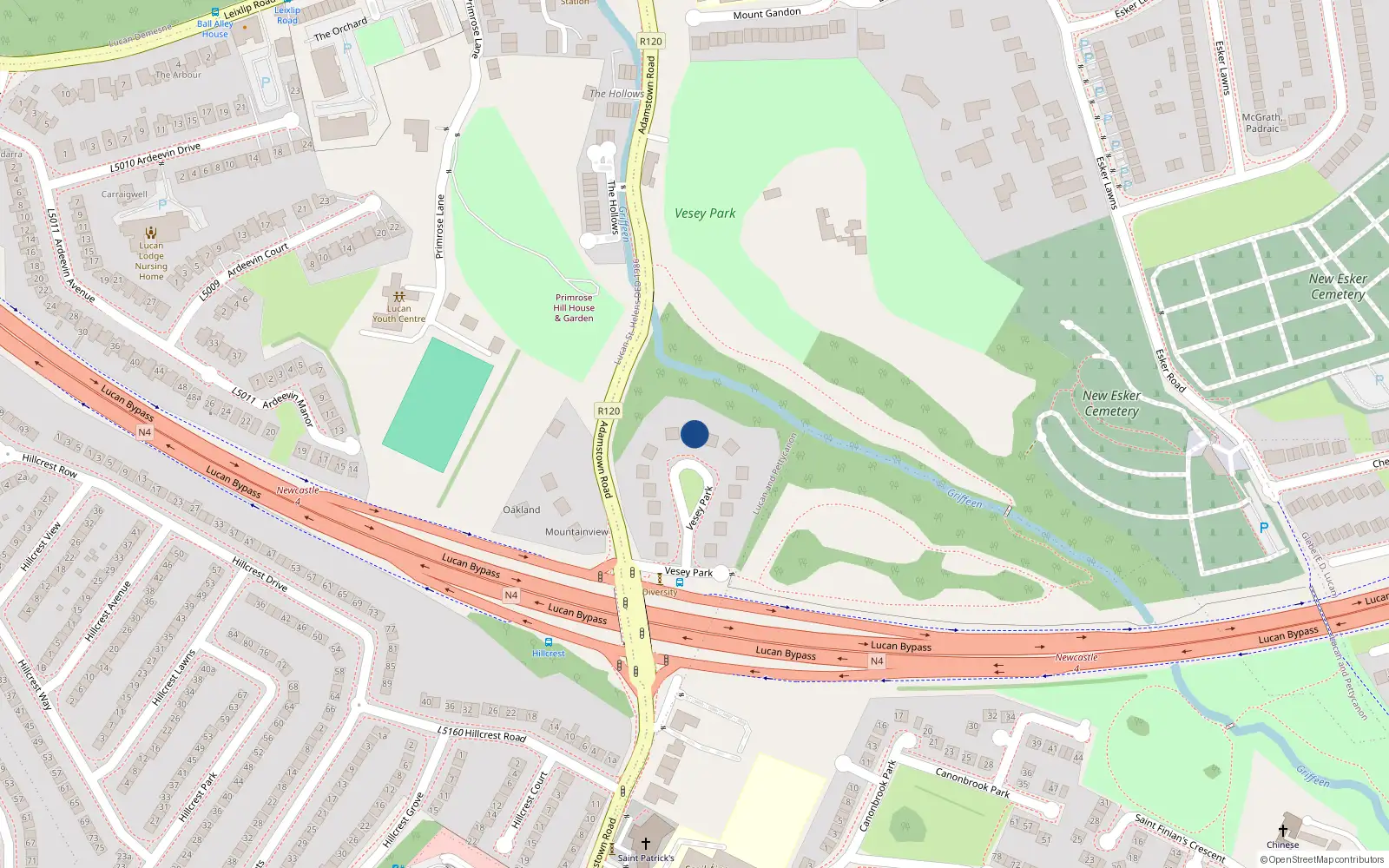 Overhead map showing the location of 8 Vesey Park, Lucan Village, Dublin