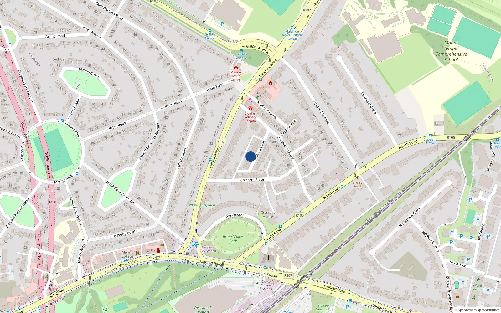 Overhead map showing the location of 8 Victoria Villas, Dublin 3