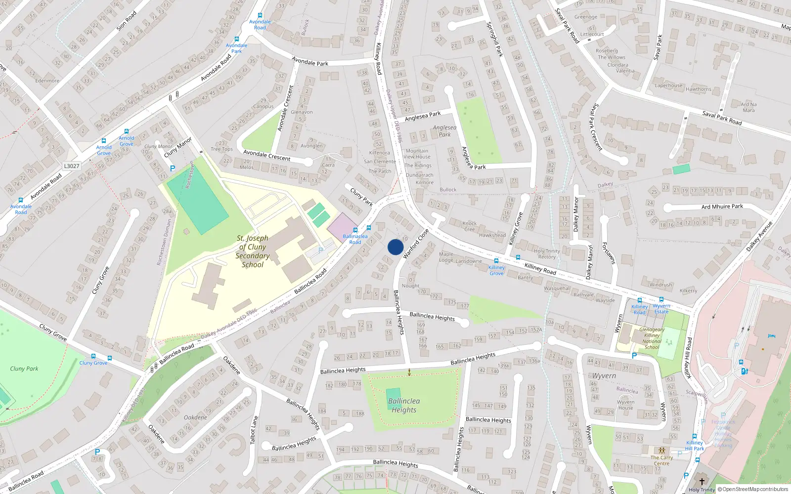 Overhead map showing the location of 8 Wanford Close, Killiney, Dublin
