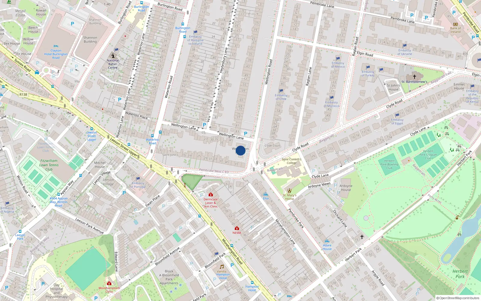 Overhead map showing the location of 85 Wellington Road, Ballsbridge