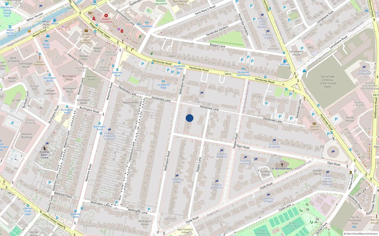 Overhead map showing the location of 8 Wellington Road, Dublin 4