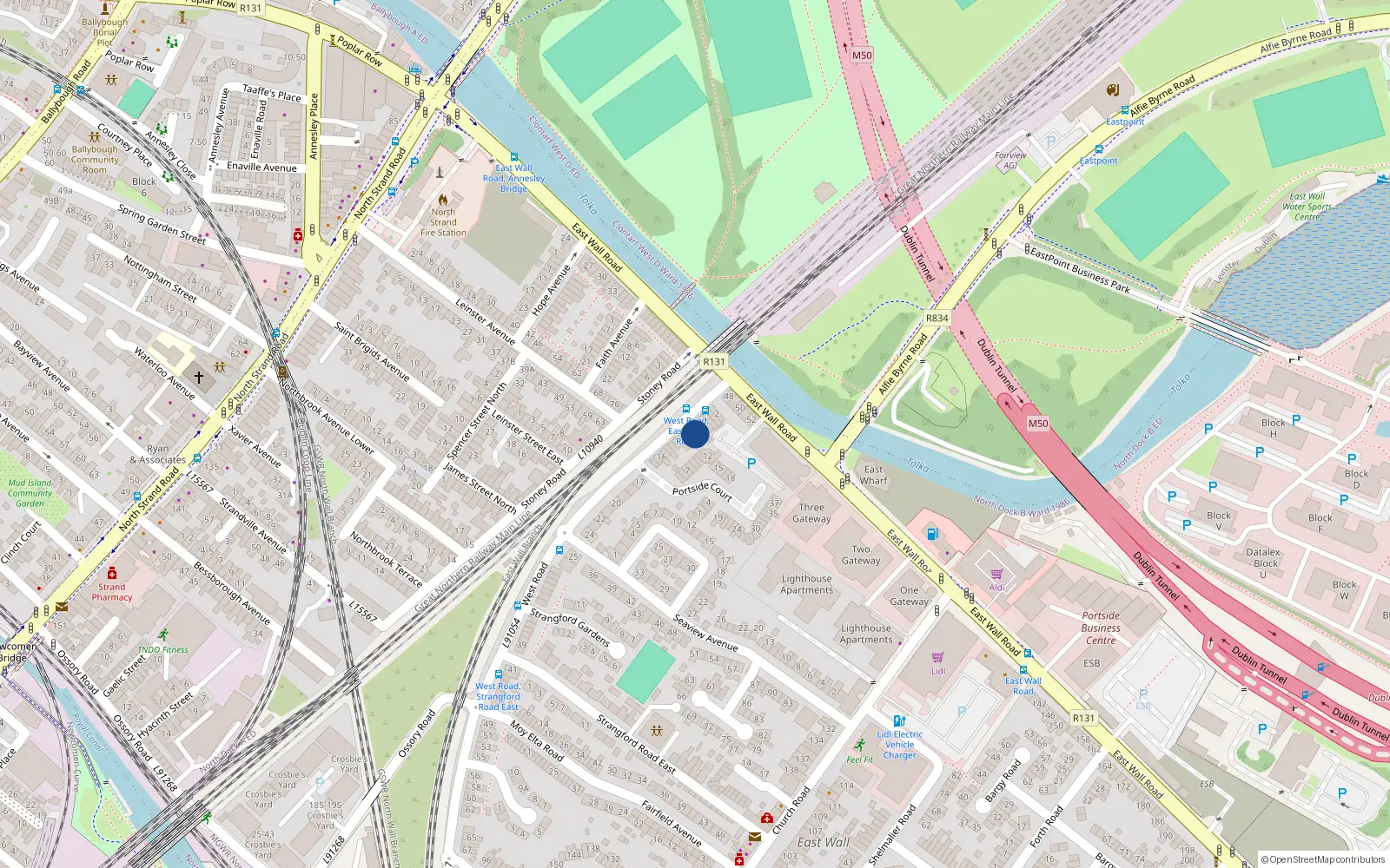 Overhead map showing the location of 8 West Road, East Wall