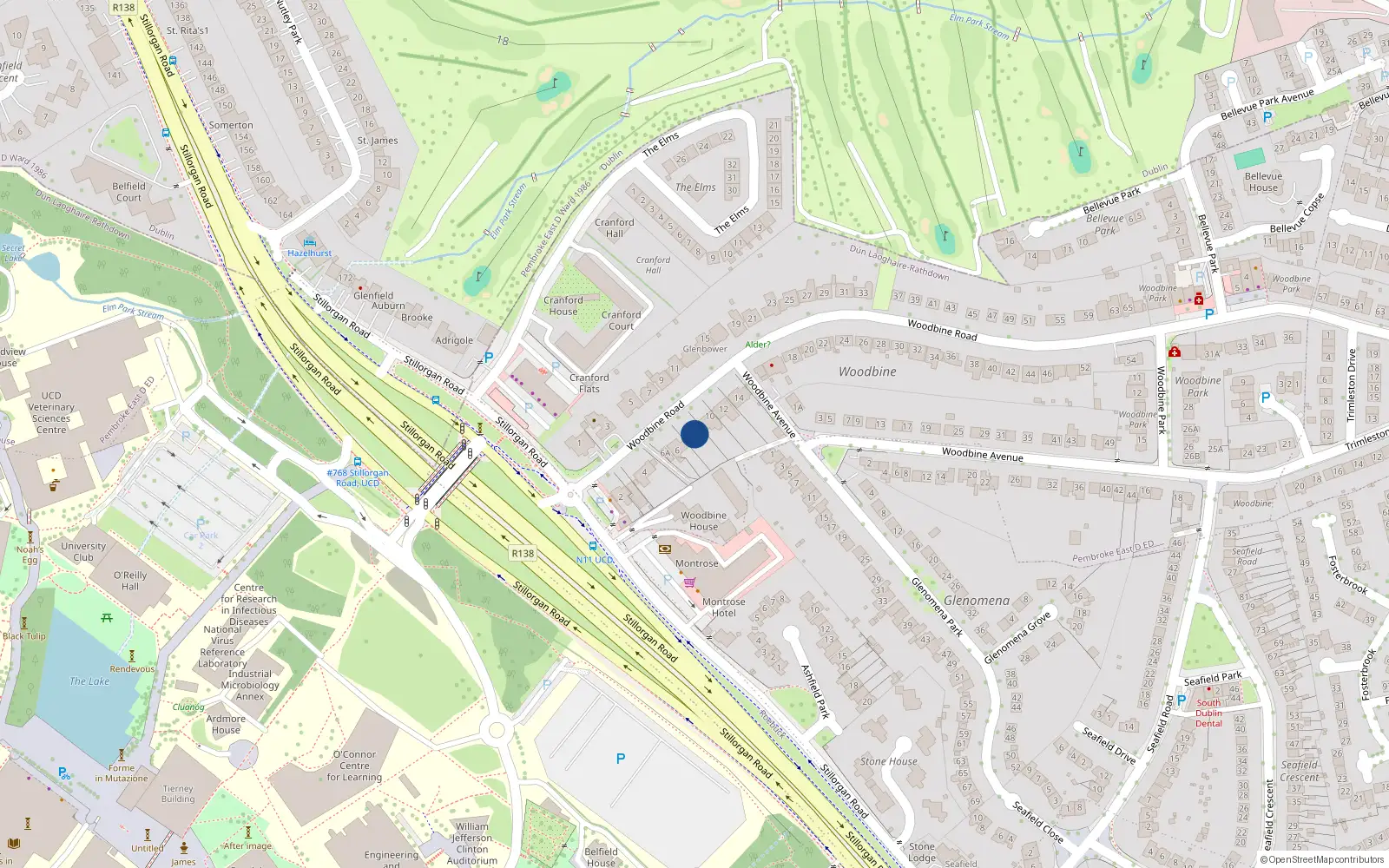 Overhead map showing the location of 8 Woodbine Road, Blackrock