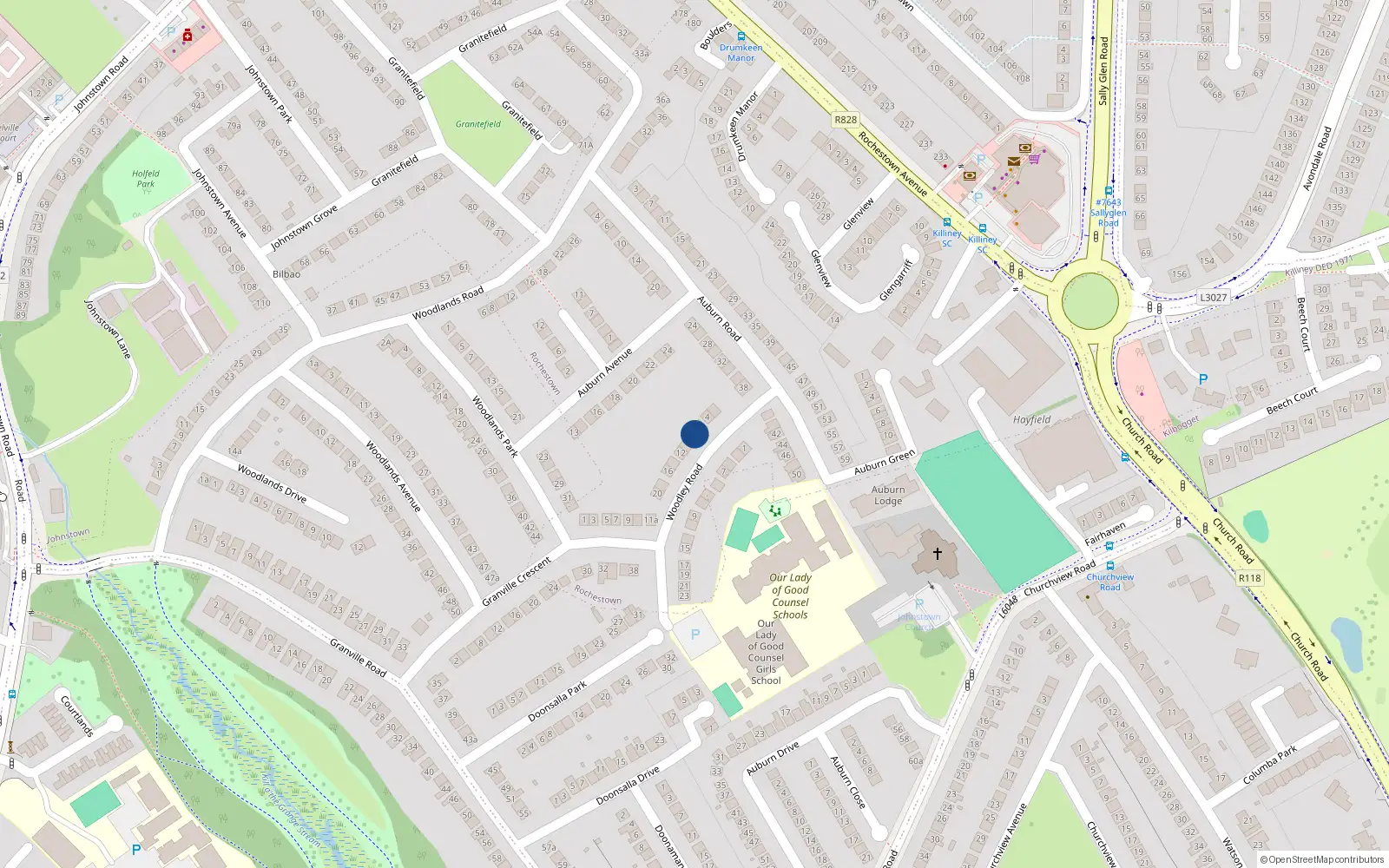 Overhead map showing the location of 8 Woodley Road, Dun Laoghaire, Dublin