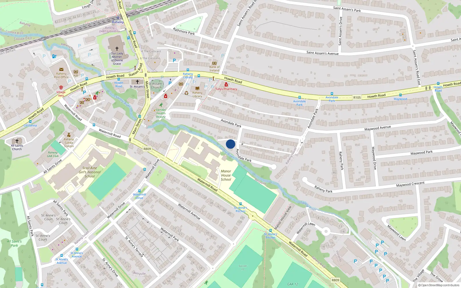 Overhead map showing the location of 80 Avondale Park, Raheny, Dublin 5