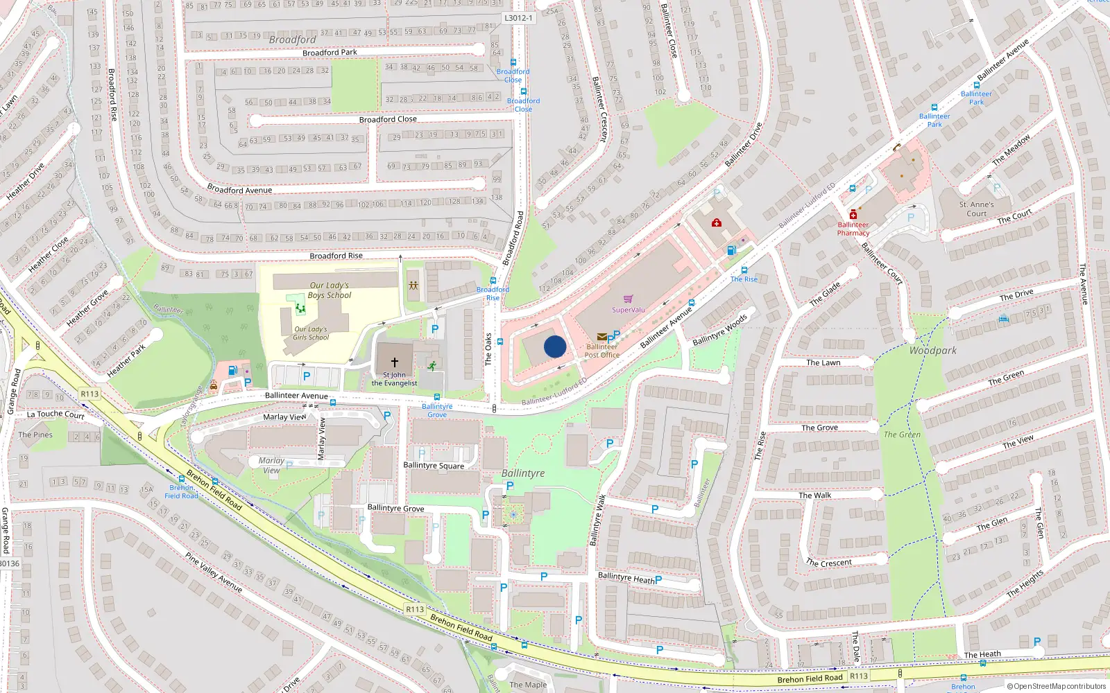 Overhead map showing the location of 80 Ballintyre Meadows, Ballinteer Avenue, Ballinteer