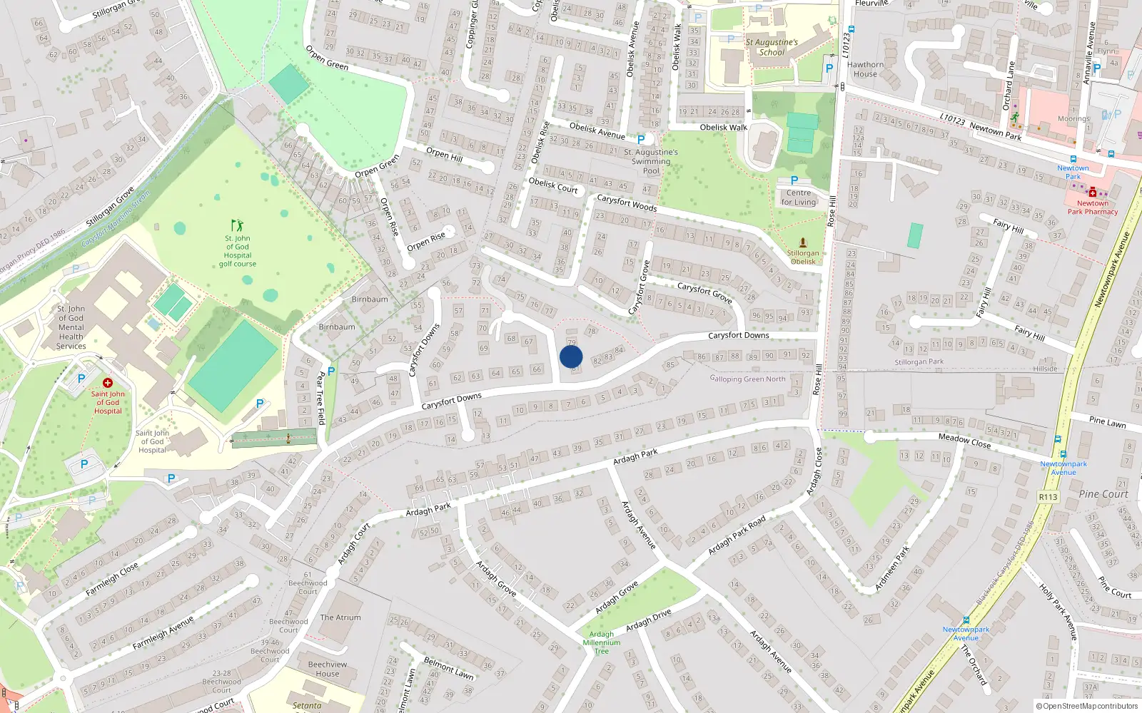 Overhead map showing the location of 80 Carysfort Downs, Blackrock, Dublin