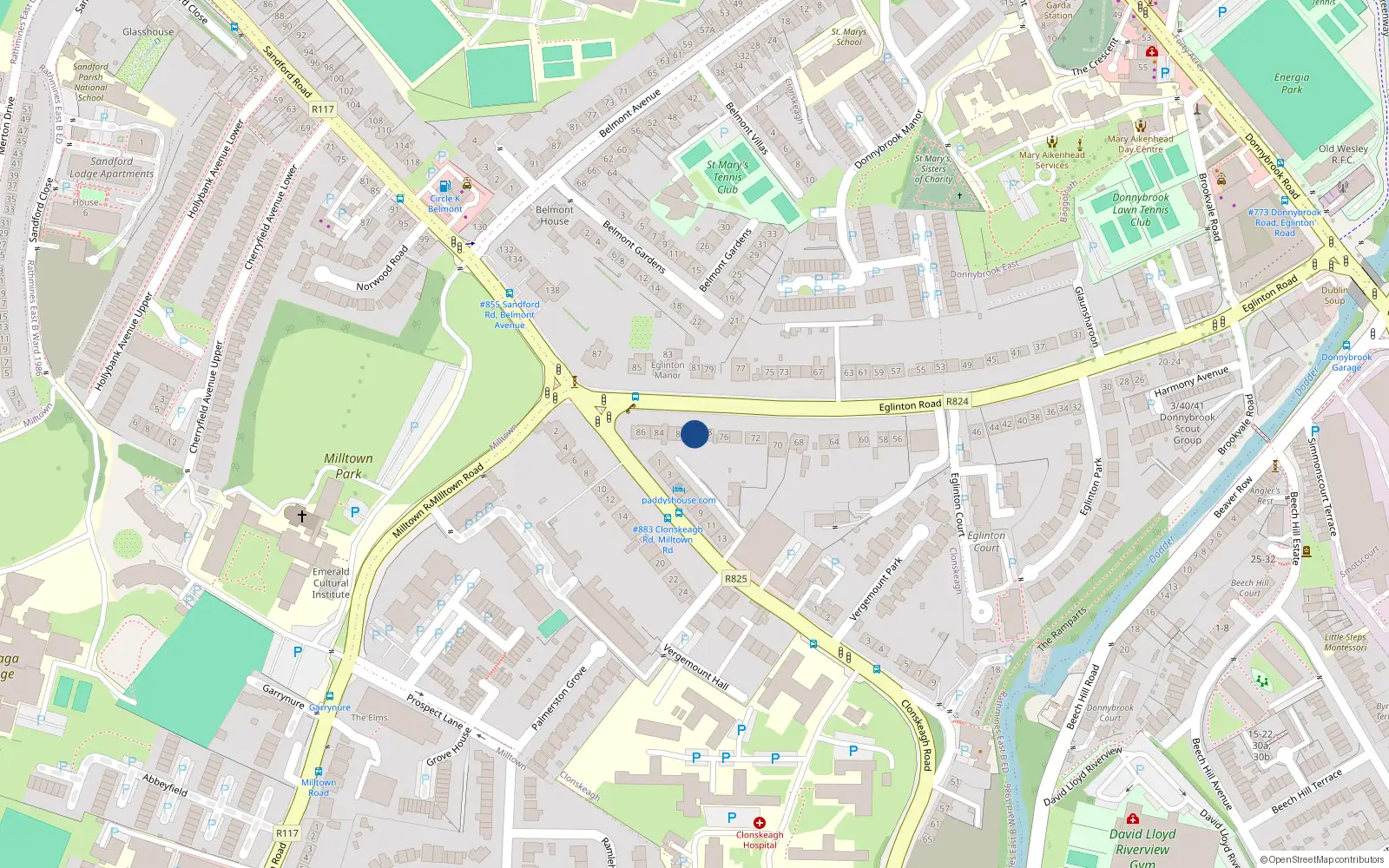 Overhead map showing the location of 80 Eglinton Road, Donnybrook