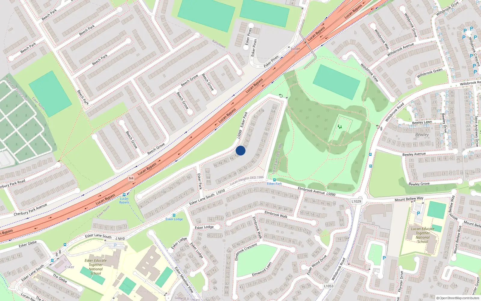 Overhead map showing the location of 80 Esker Park, Lucan, Dublin