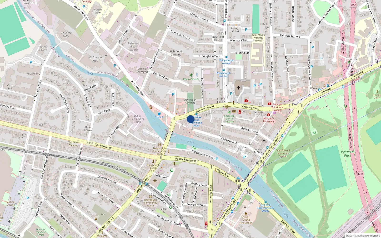 Overhead map showing the location of 80 Fairview Strand, Fairview, Dublin 3