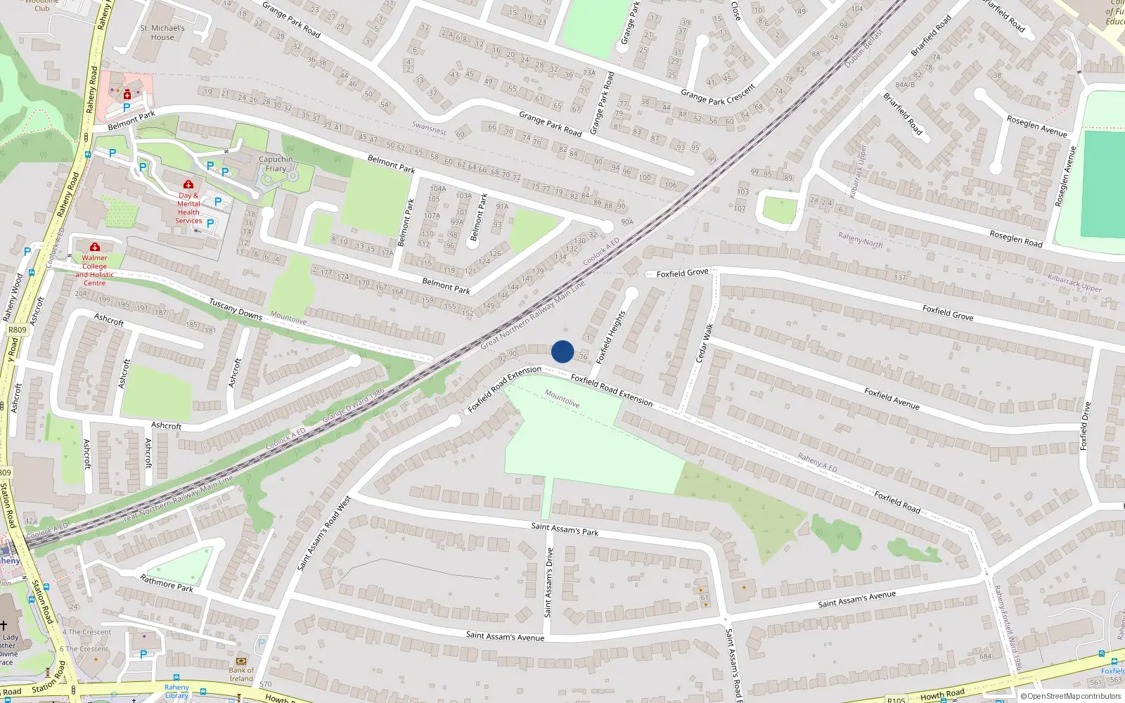 Overhead map showing the location of 80 Foxfield Road, Dublin 5