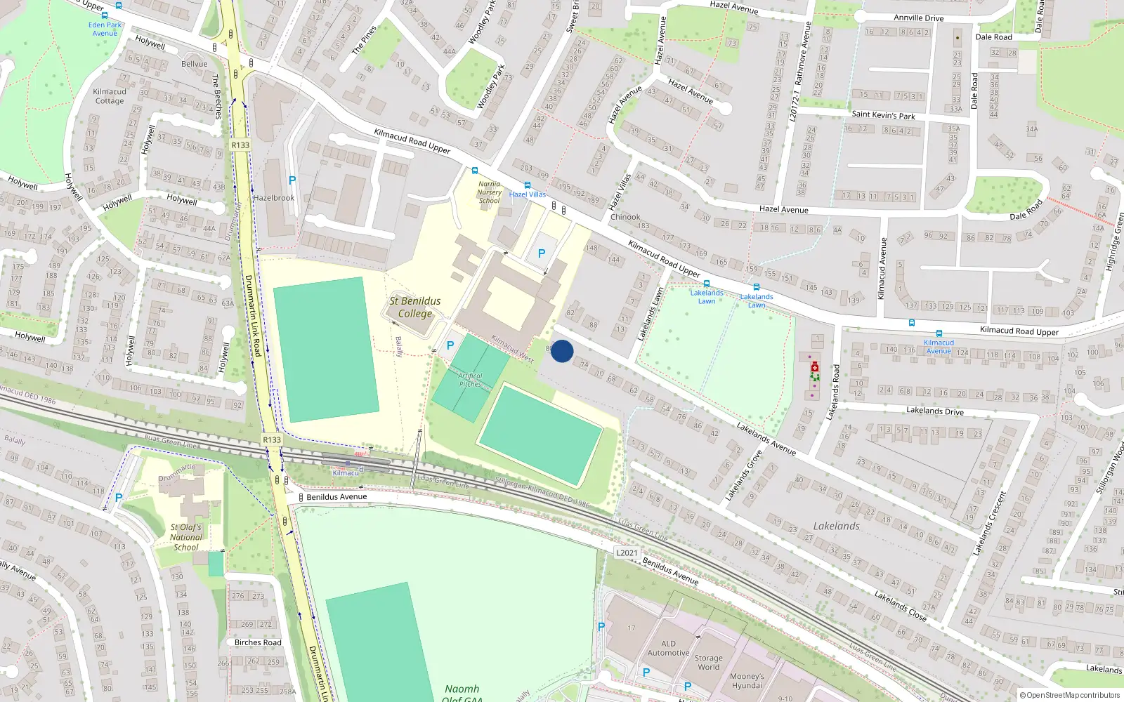 Overhead map showing the location of 80 Lakelands Avenue, County Dublin