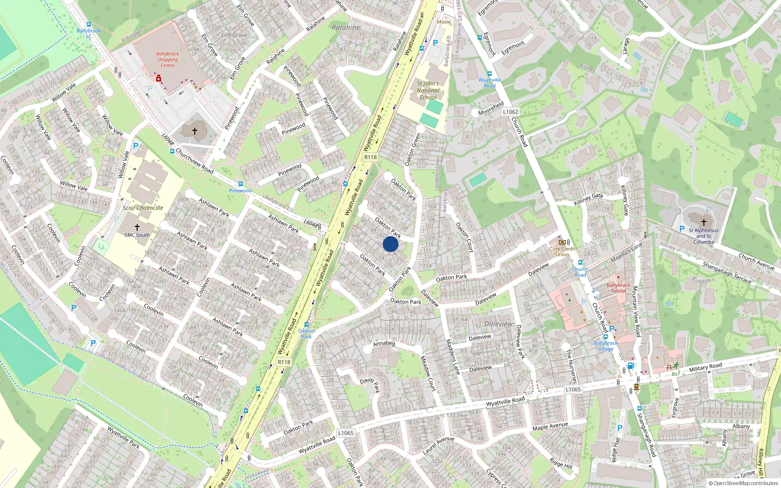 Overhead map showing the location of 80 Oakton Park, Ballybrack