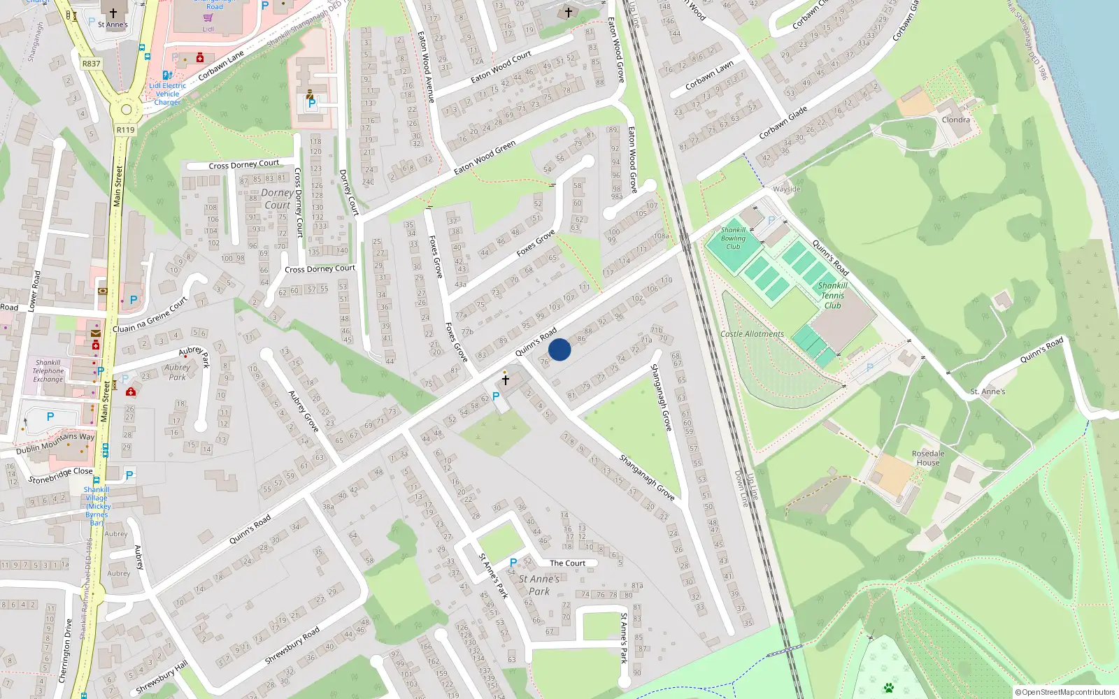Overhead map showing the location of 80 Quinn's Road, Shankill