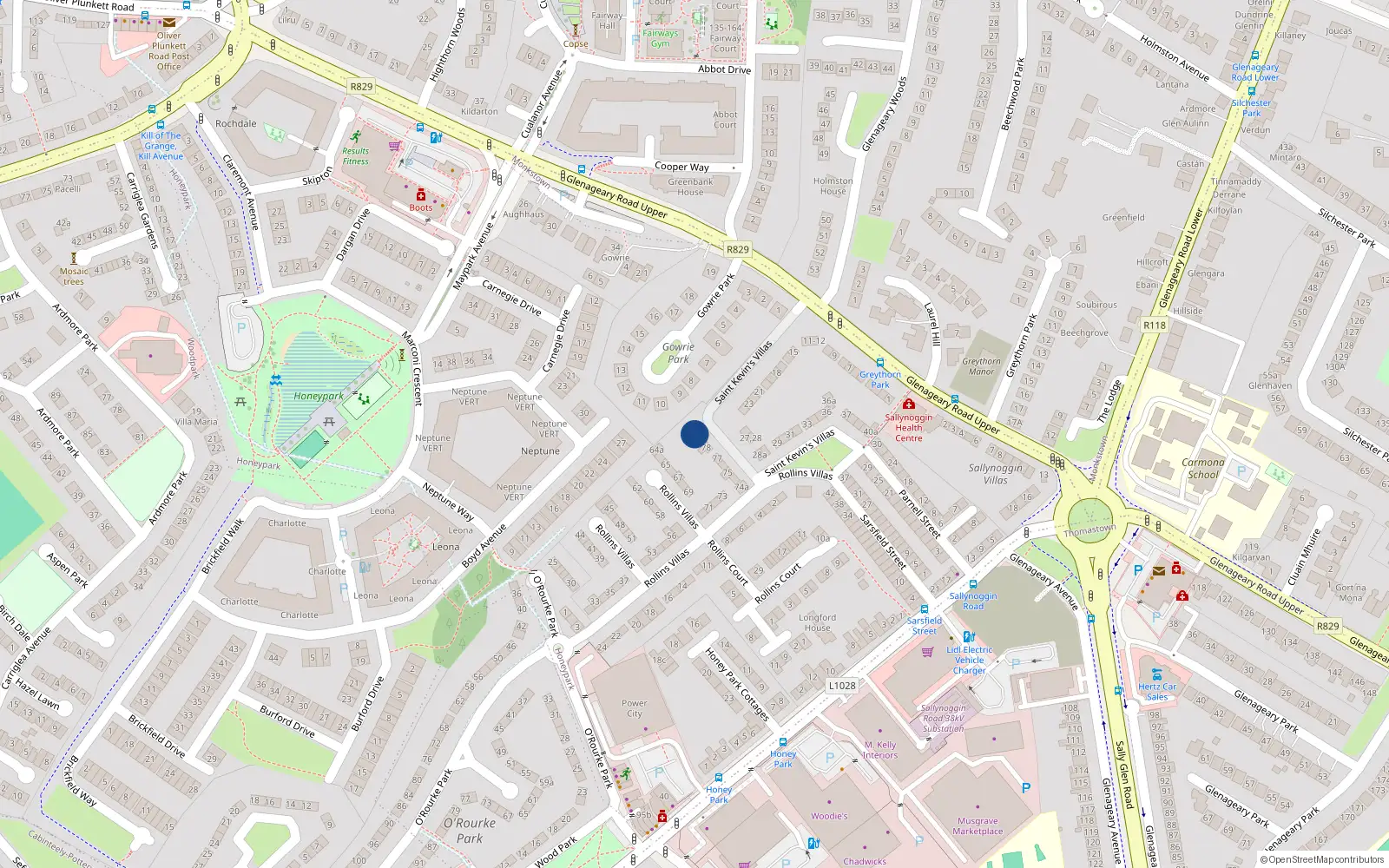 Overhead map showing the location of 80 Rollins Villas, Sallynoggin, Dublin