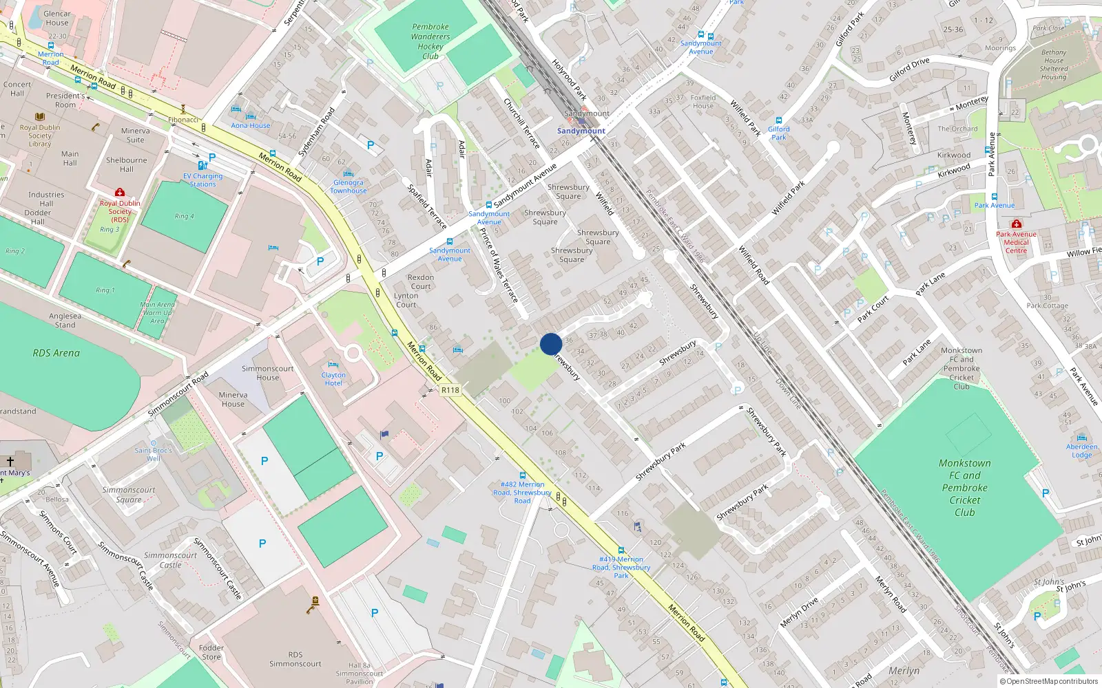 Overhead map showing the location of 80 Shrewsbury, Ballsbridge