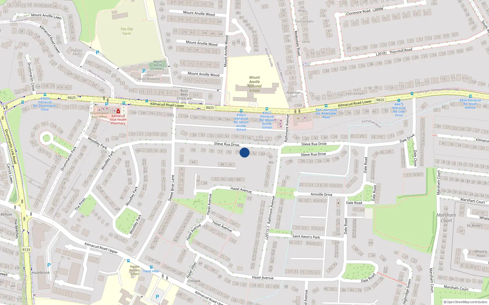 Overhead map showing the location of 80 Slieve Rua Drive, Stillorgan, Dublin