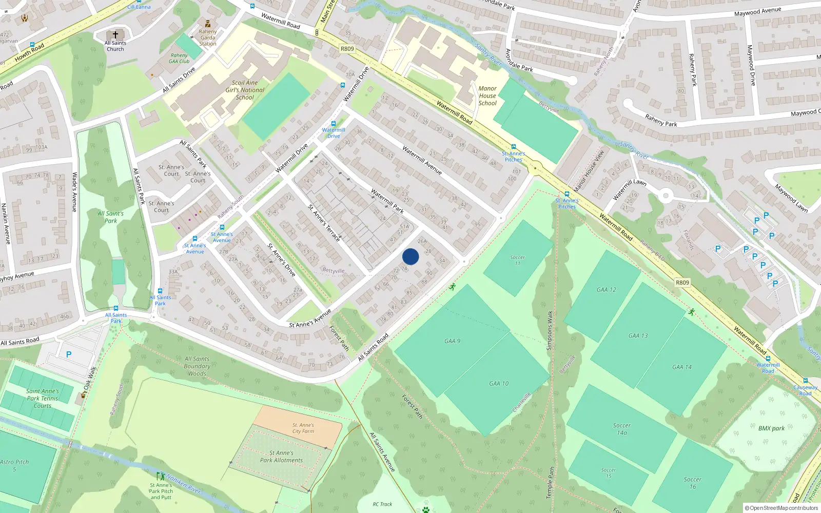 Overhead map showing the location of 80 St Anne's Avenue, Raheny, Dublin 5