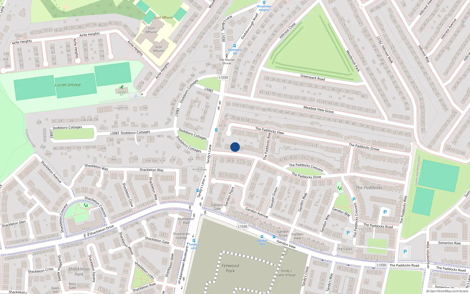 Overhead map showing the location of 80 The Paddocks Drive, Lucan
