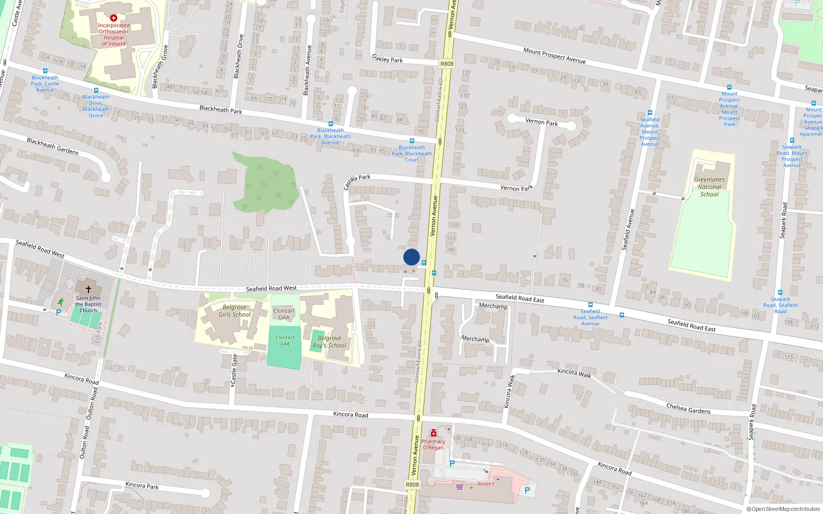 Overhead map showing the location of 80 Vernon Avenue Clontarf, Dublin 3, Dublin