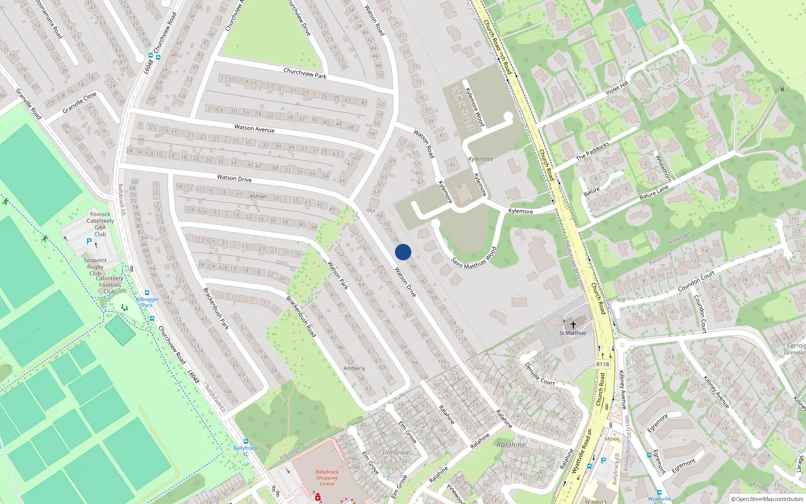 Overhead map showing the location of 80 Watson Drive, Killiney