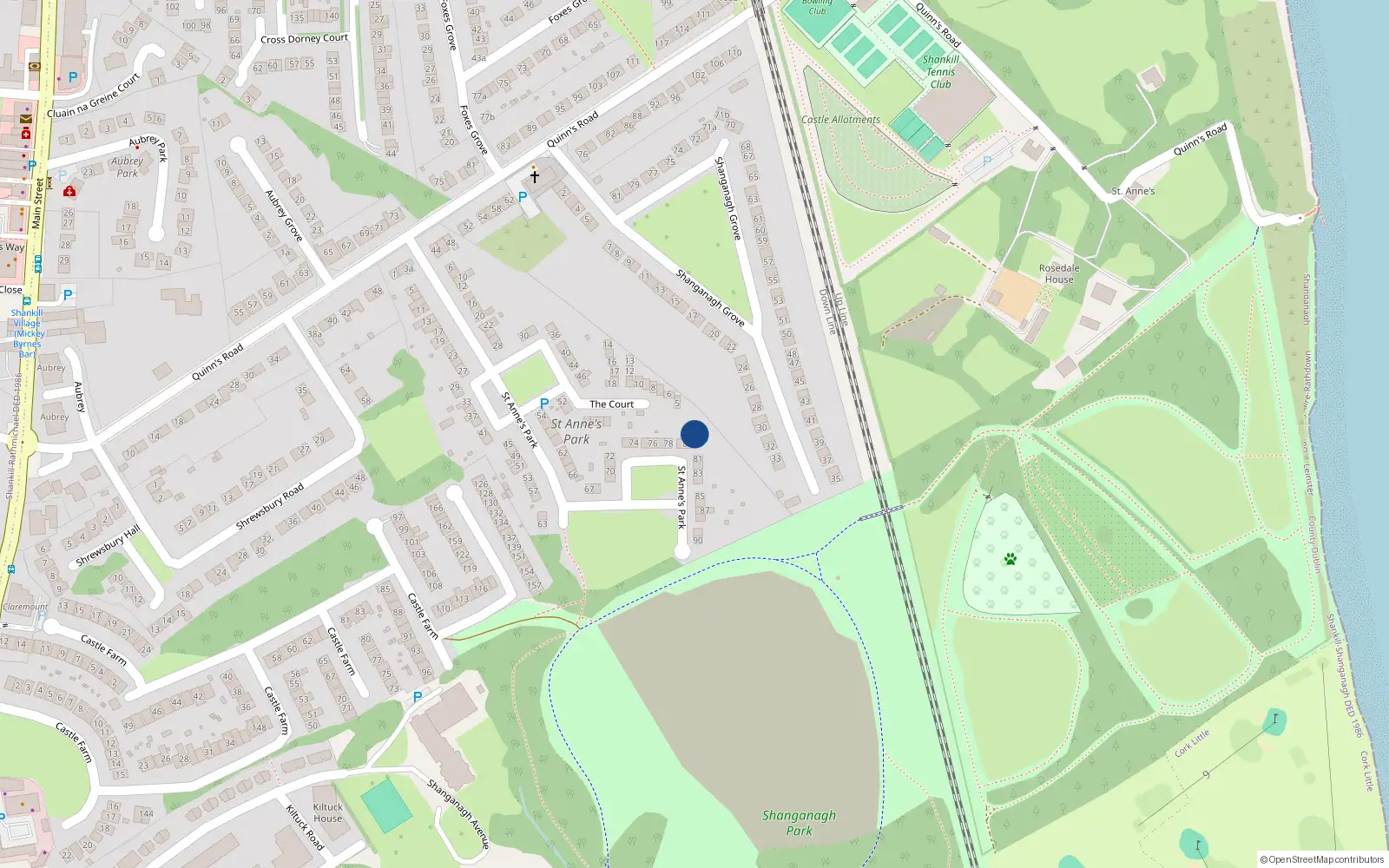 Overhead map showing the location of 80A St Annes Park, Shankill, Dublin