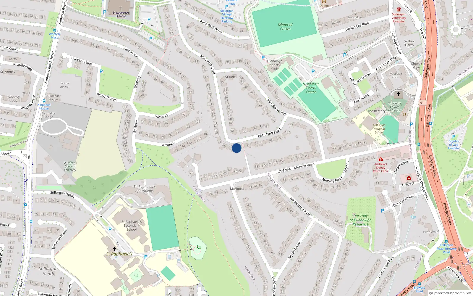 Overhead map showing the location of 81 Allen Park Road, Stillorgan, Dublin