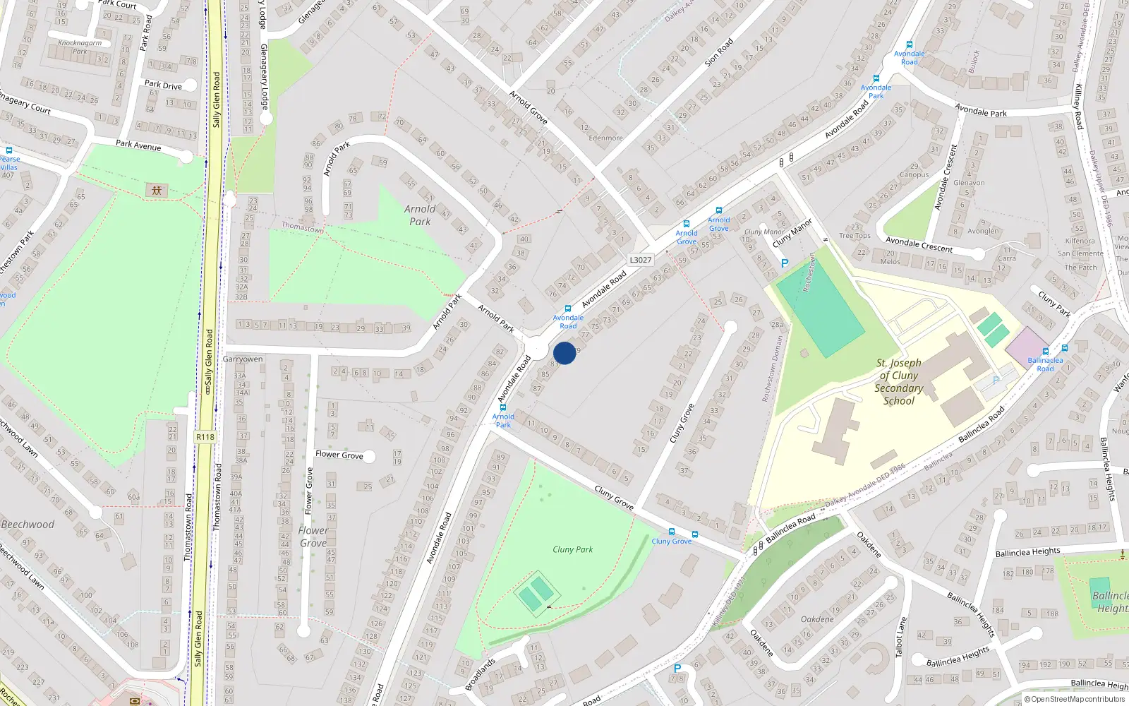 Overhead map showing the location of 81 Avondale Road, Killiney