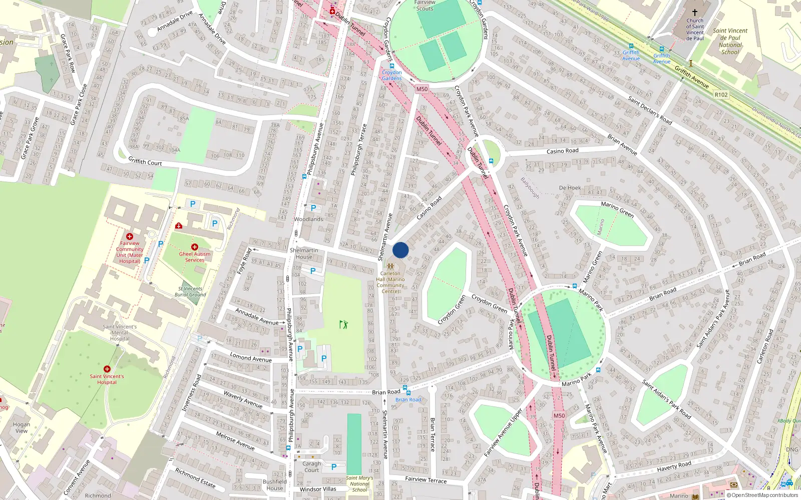 Overhead map showing the location of 81 Casino Road, Marino, Dublin 3