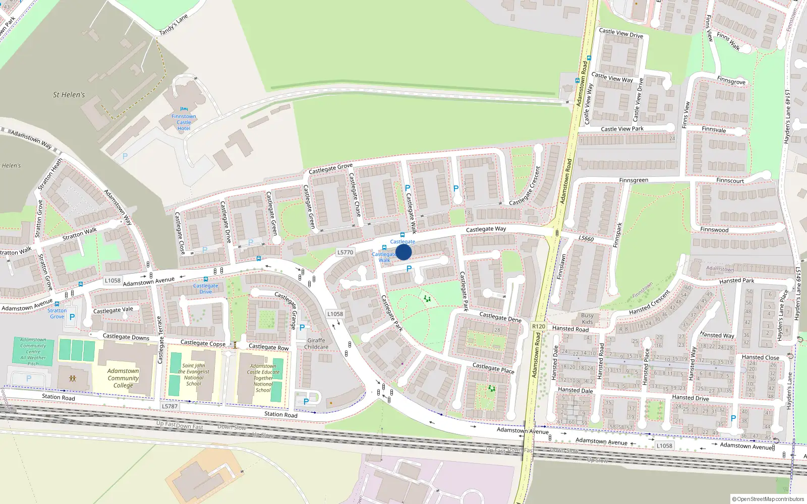 Overhead map showing the location of 81 Castlegate Way, Adamstown, Lucan