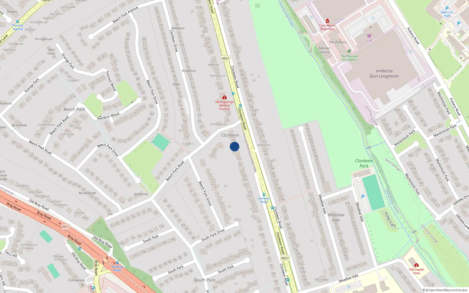 Overhead map showing the location of 81 Clonkeen Road, Blackrock