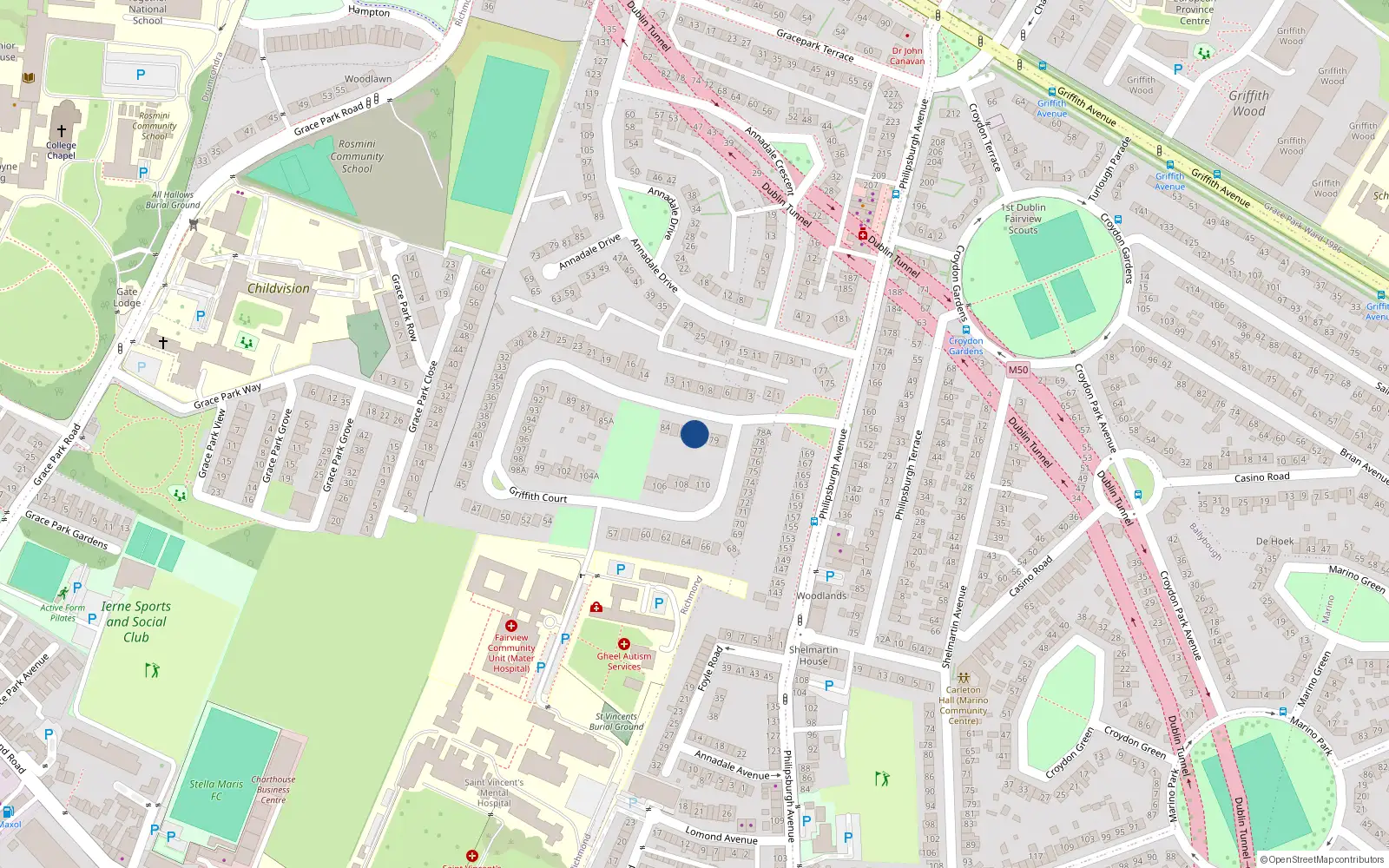 Overhead map showing the location of 81 Griffith Court, Dublin 3