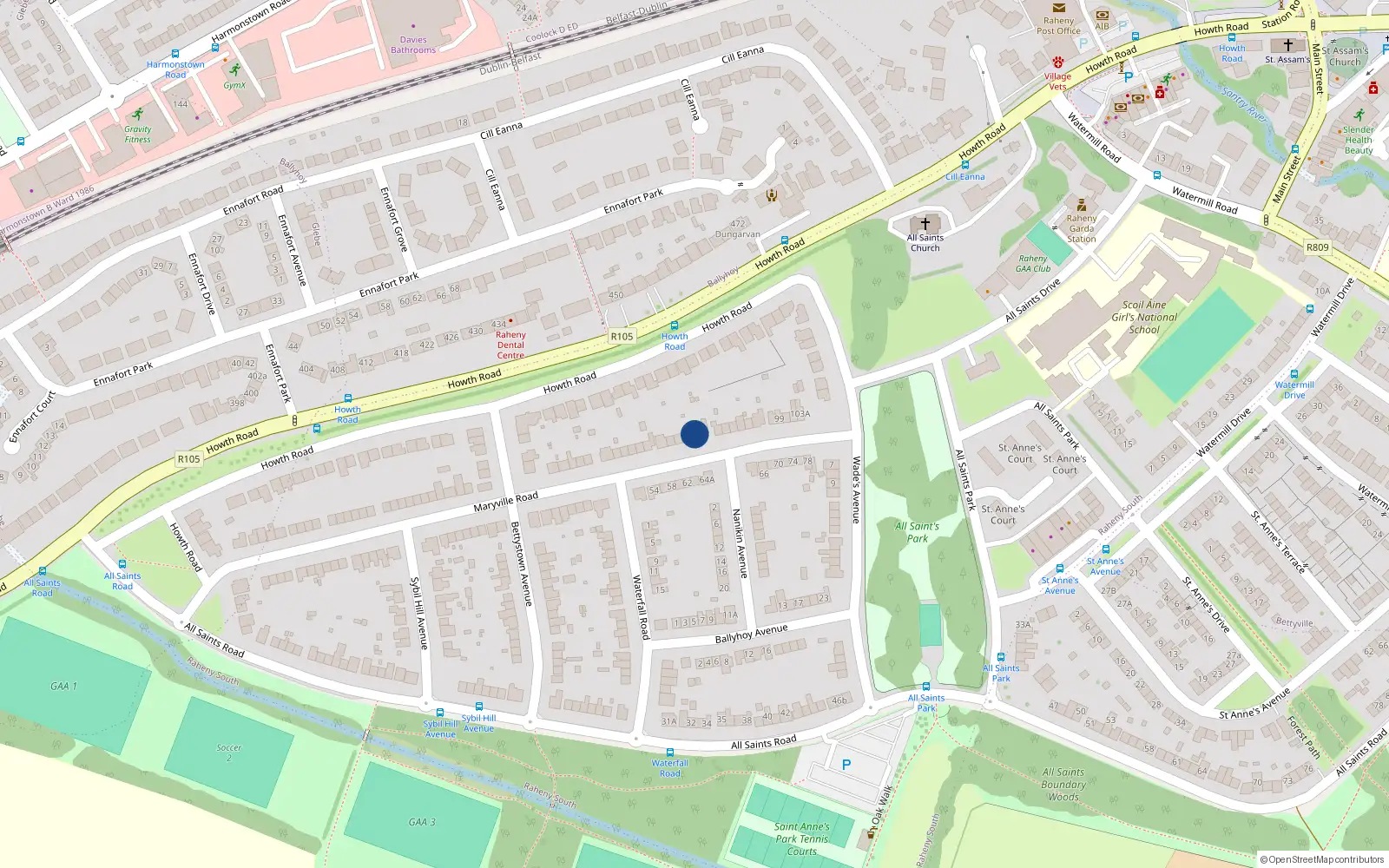 Overhead map showing the location of 81 Maryville Road, Dublin 5