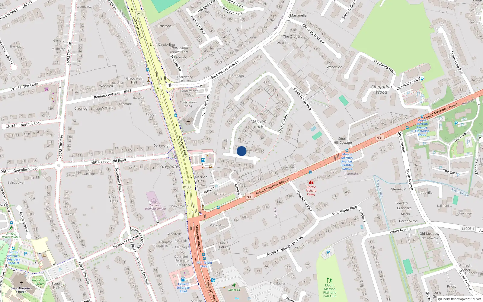 Overhead map showing the location of 81 Merrion Park, South Hill Avenue, Blackrock