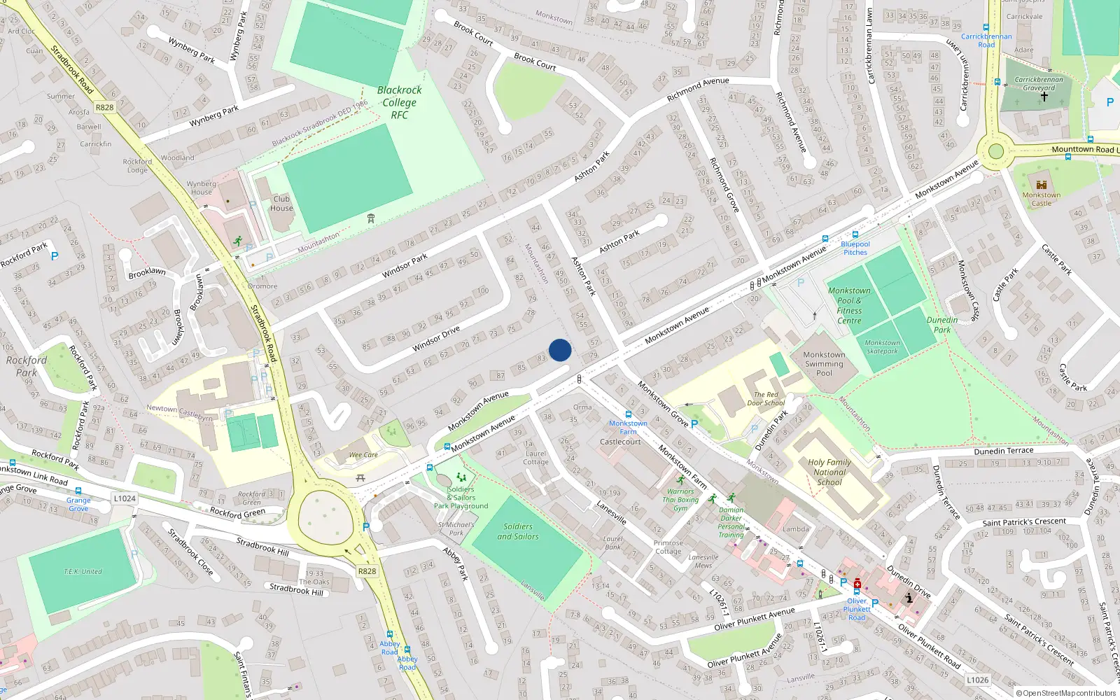 Overhead map showing the location of 81 Monkstown Avenue, Monkstown, Dublin