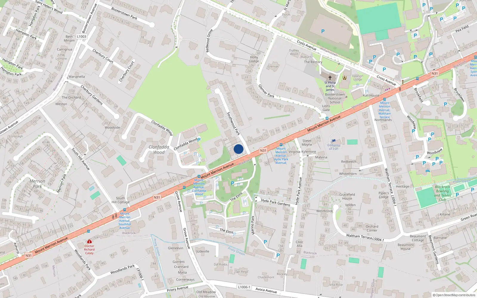 Overhead map showing the location of 81 Mount Merrion Avenue, Blackrock