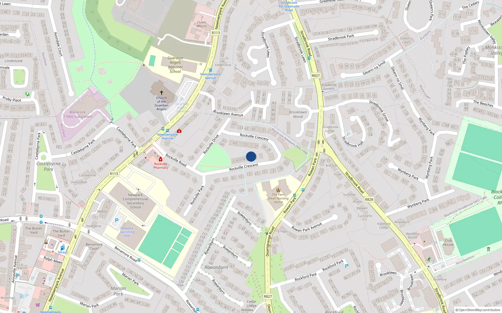 Overhead map showing the location of 81 Rockville Crescent, Blackrock