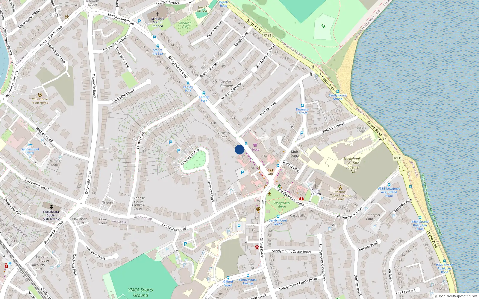Overhead map showing the location of 81 Sandymount Road, Sandymount