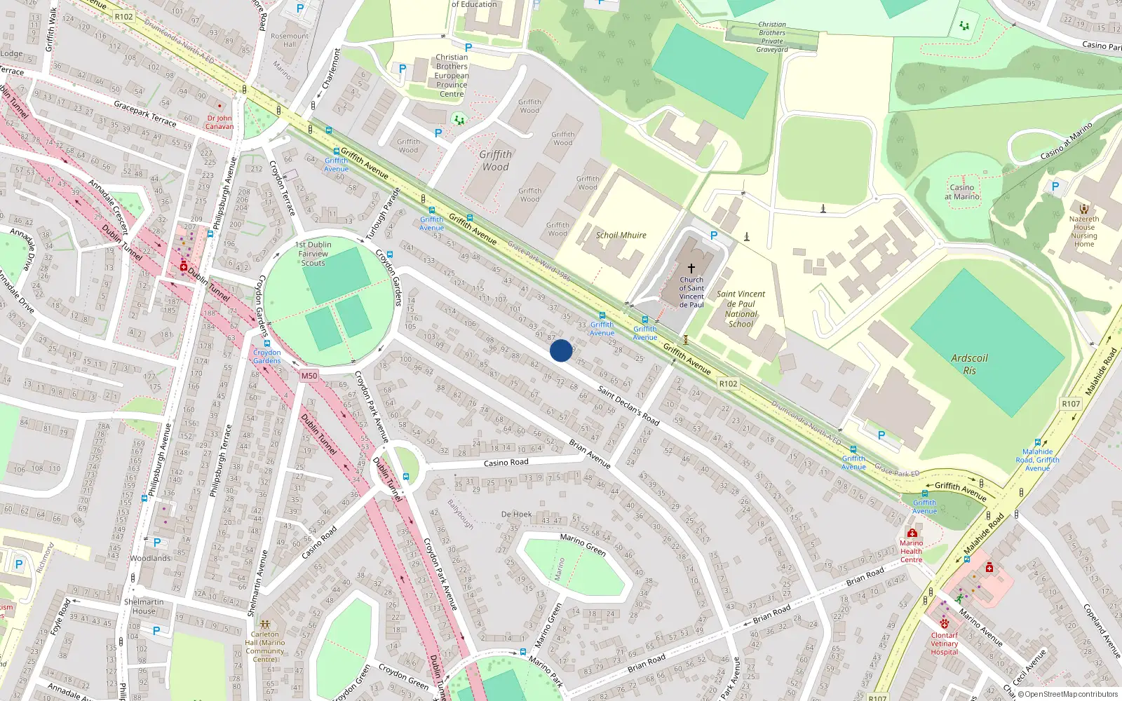 Overhead map showing the location of 81 St Declans Road, Marino, Dublin 3
