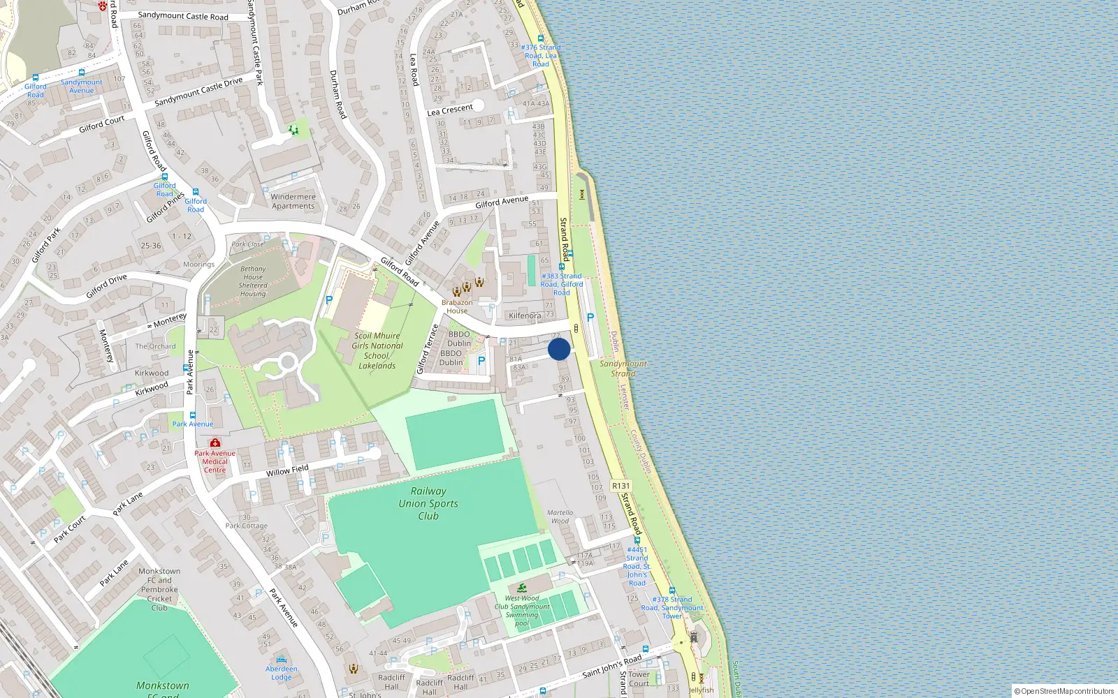 Overhead map showing the location of 81 Strand Road, Sandymount