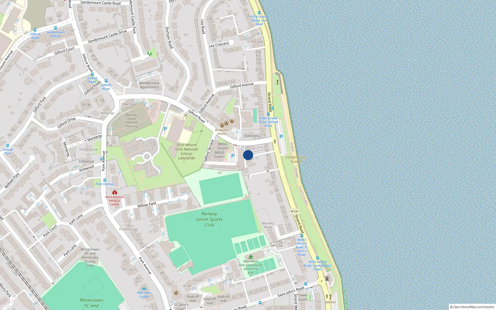 Overhead map showing the location of 81A Strand Road, Sandymount