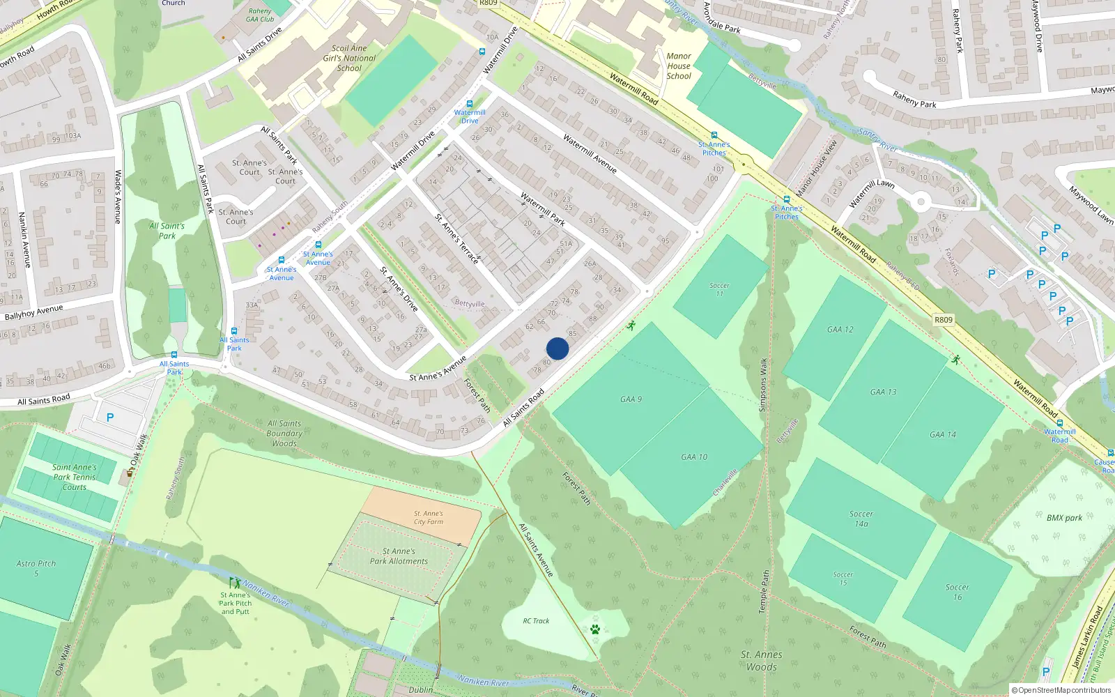 Overhead map showing the location of 82 All Saints Road, Raheny, Dublin 5